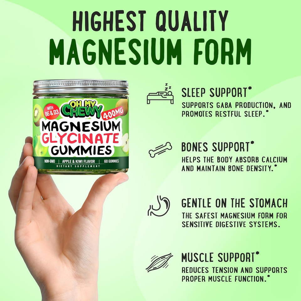 Center-Filled Magnesium Glycinate Gummies 400Mg - High Absorption For Kids, Teens & Adults - Supplement For Sleep, Calm & Muscle Relaxation With B6 & D3 - Gluten Free & Vegan Friendly - 60 Count