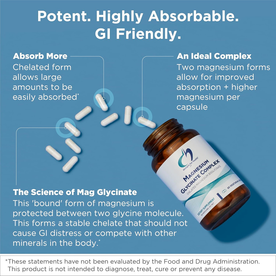 Designs For Health Magnesium Glycinate Complex - Chelated Magnesium Bisglycinate + High Absorption Magnesium Oxide For Heart Health, Immune Support & Bone Strength - Vegan (240 Capsules)