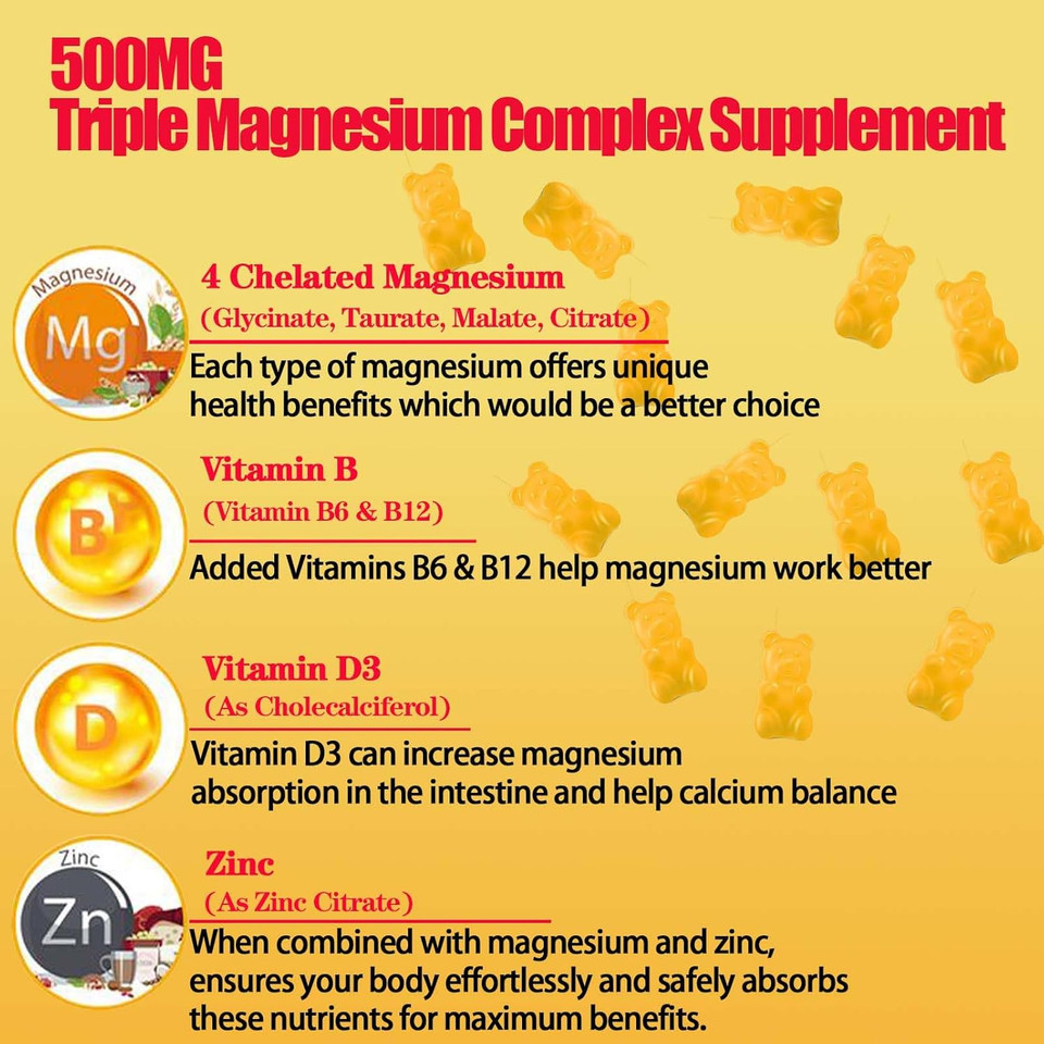 Triple Magnesium Complex Gummies Supplement For Women & Men Sugar Free High Absorption Magnesium Glycinate, Taurate, Malate, Citrate Complex Supplement With Vitamin B6, B12 & D3 For Adult