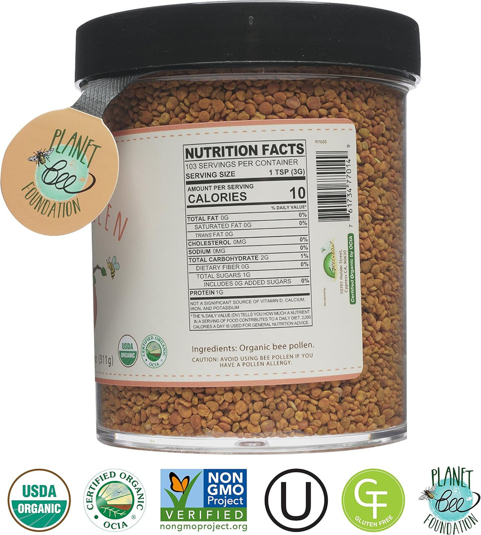 Greenbow Organic Bee Pollen - 100% Usda Certified Organic, Non-Gmo, Halal, Kosher Certified, Pure & Natural Bee Pollen - Superfood Packed With Proteins, Vitamins & Minerals - Gluten Free - 311G