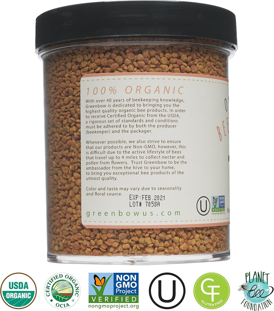 Greenbow Organic Bee Pollen - 100% Usda Certified Organic, Non-Gmo, Halal, Kosher Certified, Pure & Natural Bee Pollen - Superfood Packed With Proteins, Vitamins & Minerals - Gluten Free - 311G