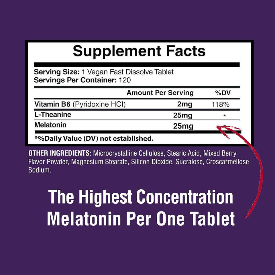 Melatonin 25Mg, Extra Strength With L-Theanine & Vitamin B-6, Fast Dissolve Tablets, Sleep Support, Relaxation, Restful Sleep, Drug Free, Natural Berry Flavor, 120 Chewable Tablets