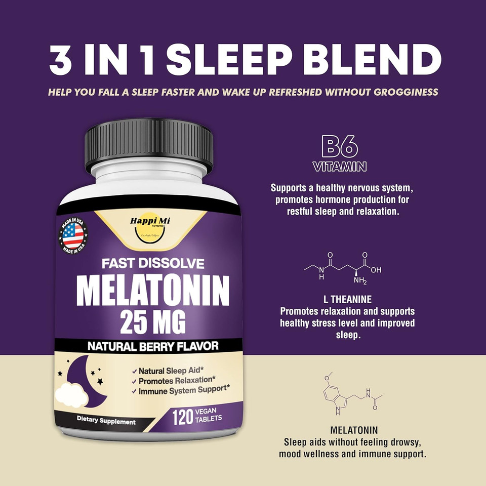 Melatonin 25Mg, Extra Strength With L-Theanine & Vitamin B-6, Fast Dissolve Tablets, Sleep Support, Relaxation, Restful Sleep, Drug Free, Natural Berry Flavor, 120 Chewable Tablets
