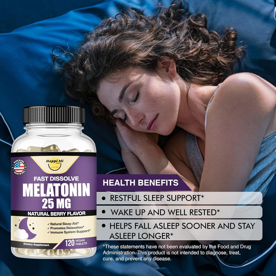 Melatonin 25Mg, Extra Strength With L-Theanine & Vitamin B-6, Fast Dissolve Tablets, Sleep Support, Relaxation, Restful Sleep, Drug Free, Natural Berry Flavor, 120 Chewable Tablets