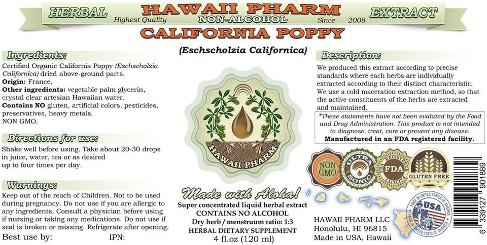 Hawaiipharm California Poppy Alcohol-Free Liquid Extract, Nervous System Calming And Support. Glycerite 2 Fl.Oz