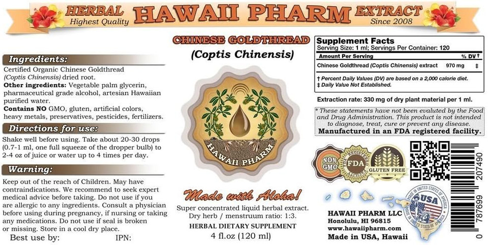 Hawaiipharm Chinese Goldthread Liquid Extract, Chinese Goldthread (Coptis Chinensis) Root Powder Tincture Supplement 4 Oz