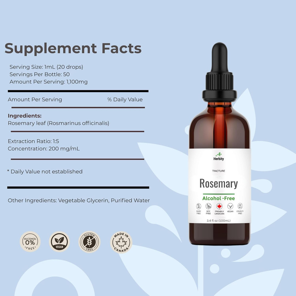 Rosemary Tincture  Alcohol-Free Herbal Extract For Focus, Circulation & Digestive Support  Vegan, Non-Gmo, Glycerin-Based Supplement  3.4 Fl Oz (100 Ml)