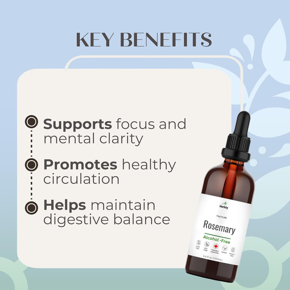 Rosemary Tincture  Alcohol-Free Herbal Extract For Focus, Circulation & Digestive Support  Vegan, Non-Gmo, Glycerin-Based Supplement  3.4 Fl Oz (100 Ml)