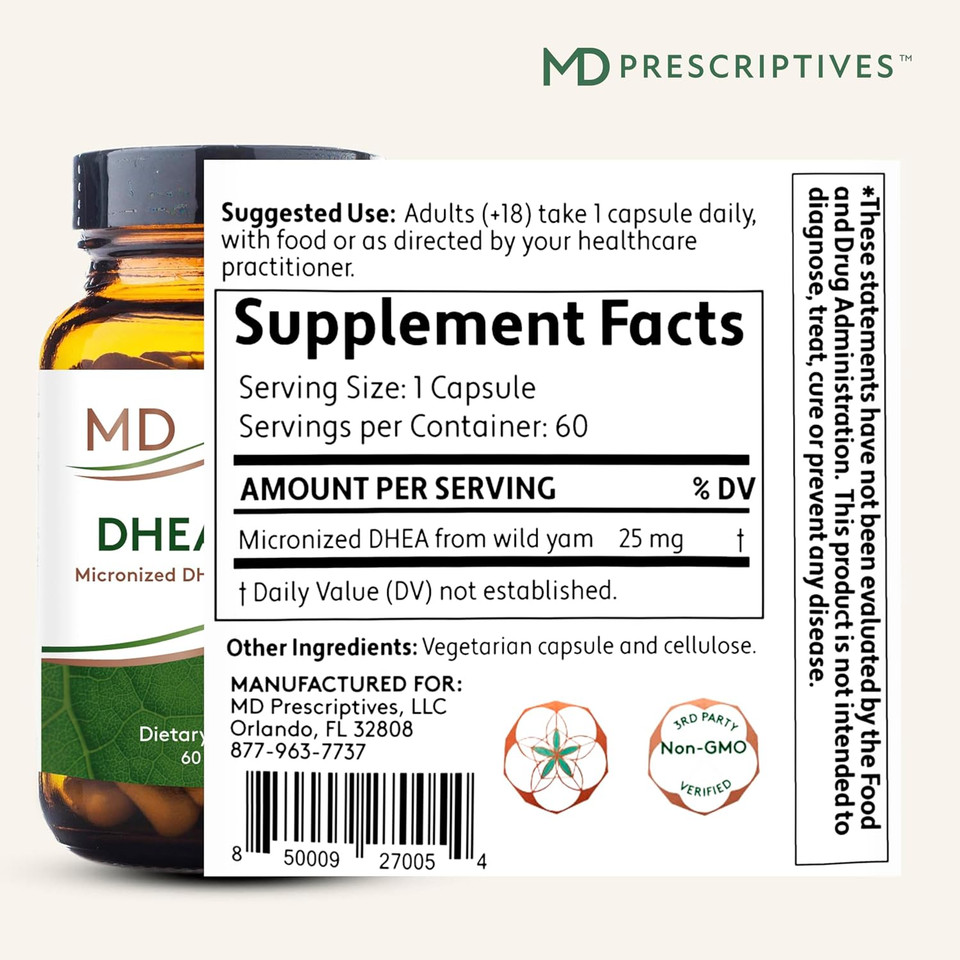 Dhea 25Mg Dietary Supplement - Micronized From Natural Wild Yam - Supports Bone Health & Hormone Balance* - Suitable For Vegetarians - Just One Capsule Daily - 60 Capsules
