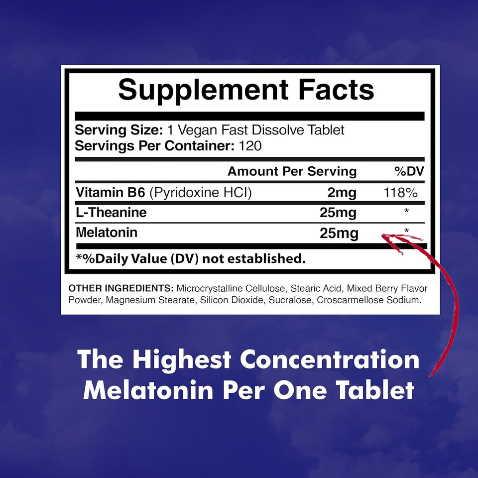 Melatonin 25Mg Per One Tablet, 120 Chewable Tablet With L-Theanine & Vitamin B-6, Supports Healthy Sleep Cycle , Promotes Calming & Restful Sleep, Vegan, Non Gmo, Made In Usa