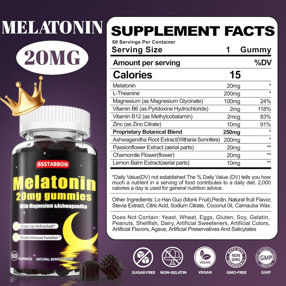 Melatonin Gummies 20Mg For Women Men: Sugar Free Chewable Supplement With Zinc L-Theanine Ashwagandha Magnesium Lemon Balm And Chamomile - Maximum Strength For Adults Natural Berry Flavor(120Count)