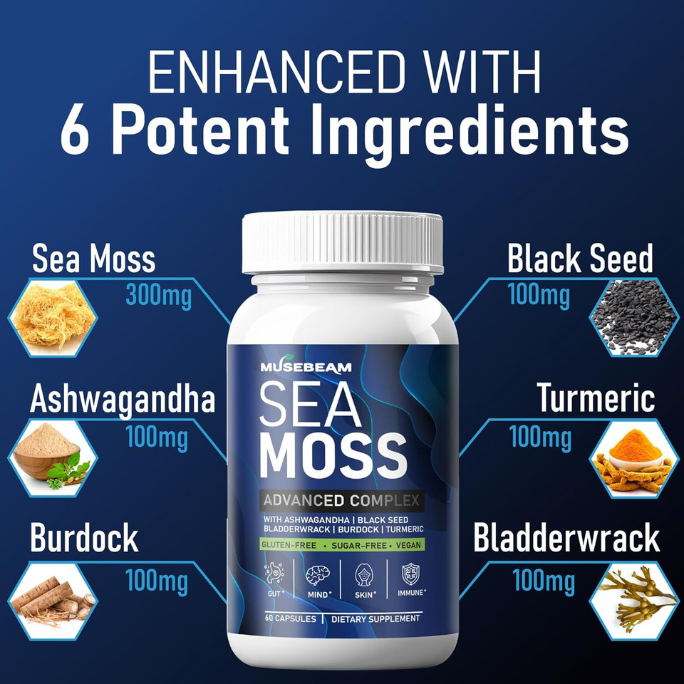 Irish Sea Moss 6000Mg - 2000Mg Black Seed Oil Ashwagandha Burdock Root Ginger Capsules - Advanced Seamoss Vitamin Multi Mineral Complex Supplement Pills For Men Women