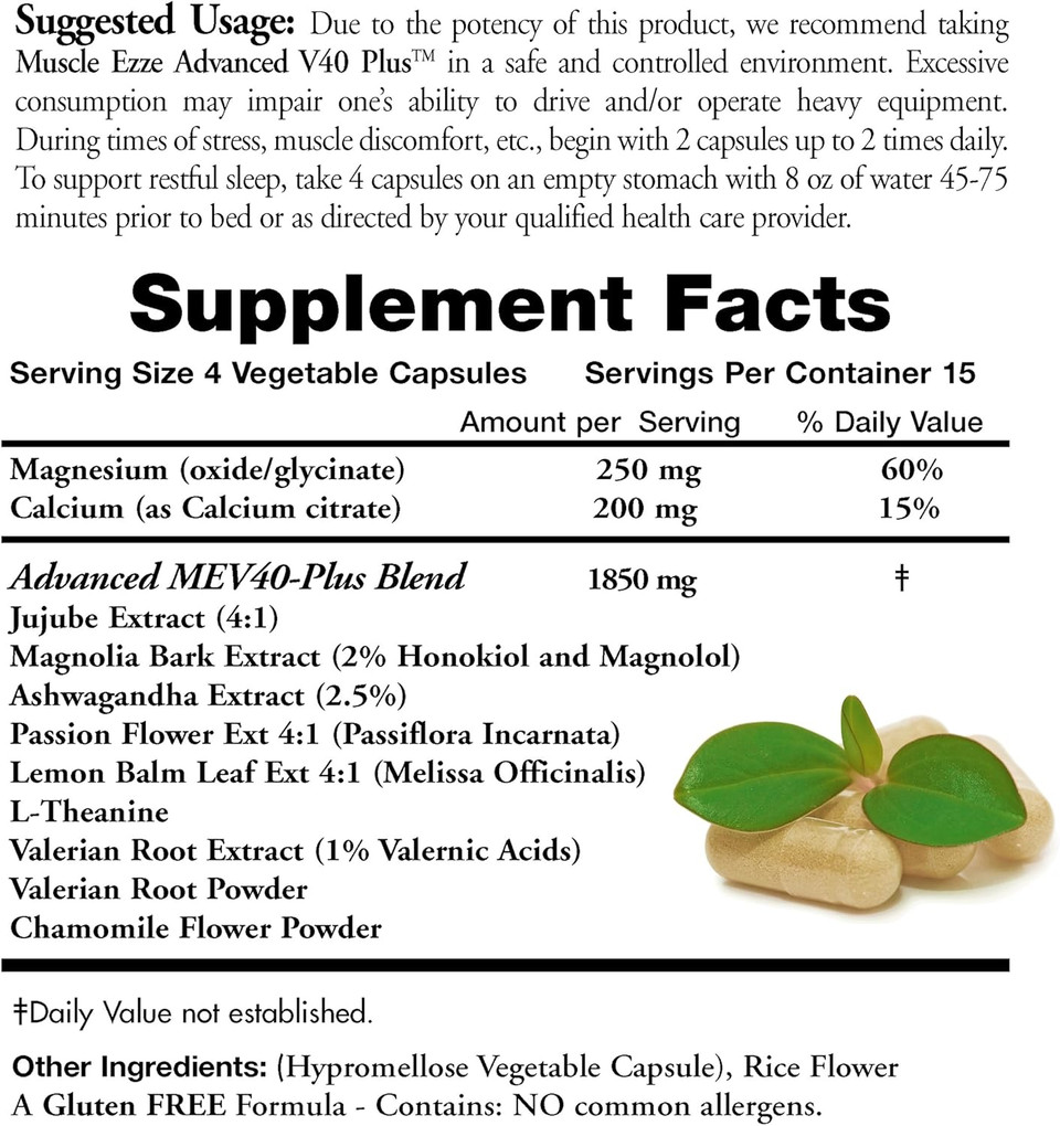 Natural Relaxant Muscle Ezze Plus Advanced Day Time Night Time Capsules Maximum Strength - Valerian, Passion Flower, Magnesium - Supplement - 60 Count