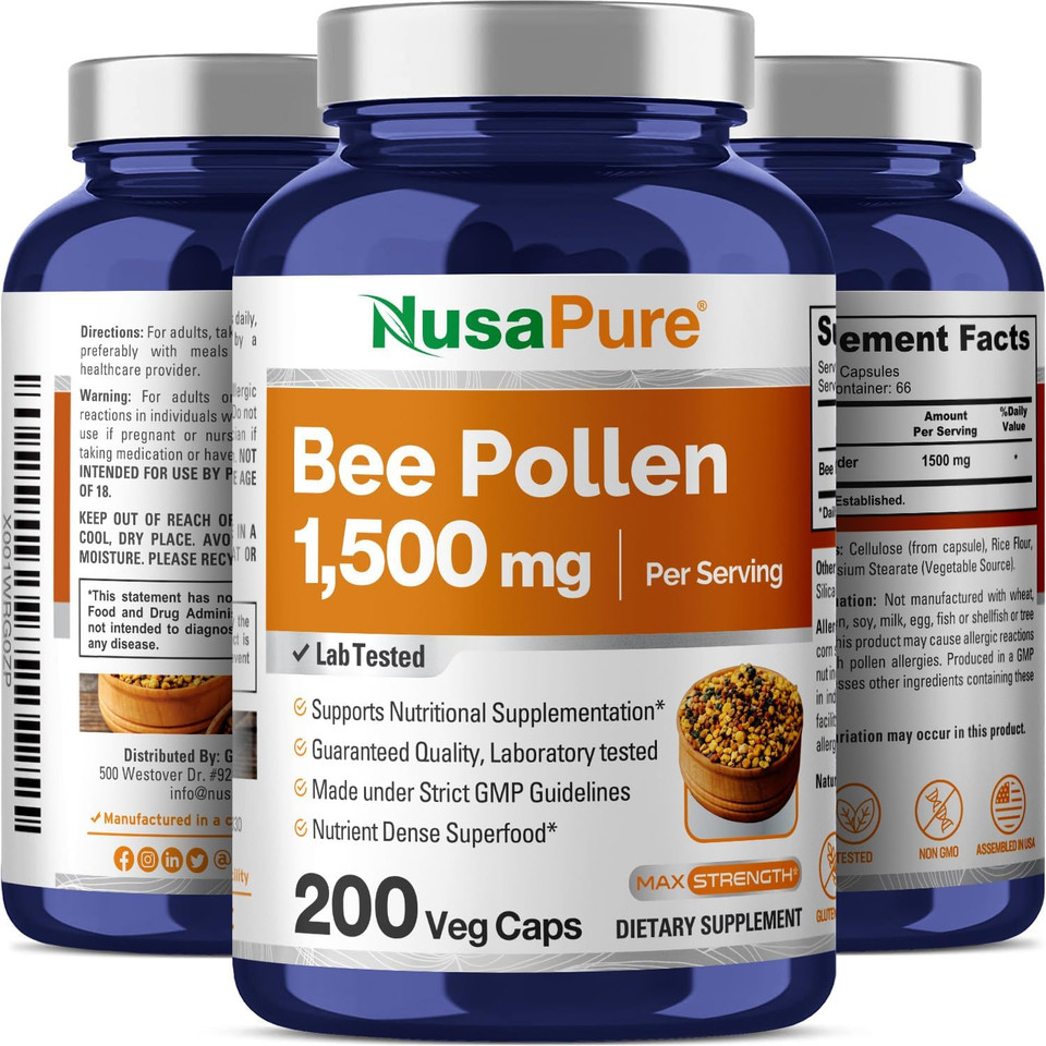 Nusapure Bee Pollen 1500Mg 200 Veggie Caps (100% Vegetarian, Non-Gmo, Gluten Free) Naturally Occurring Proteins, Aminoacids