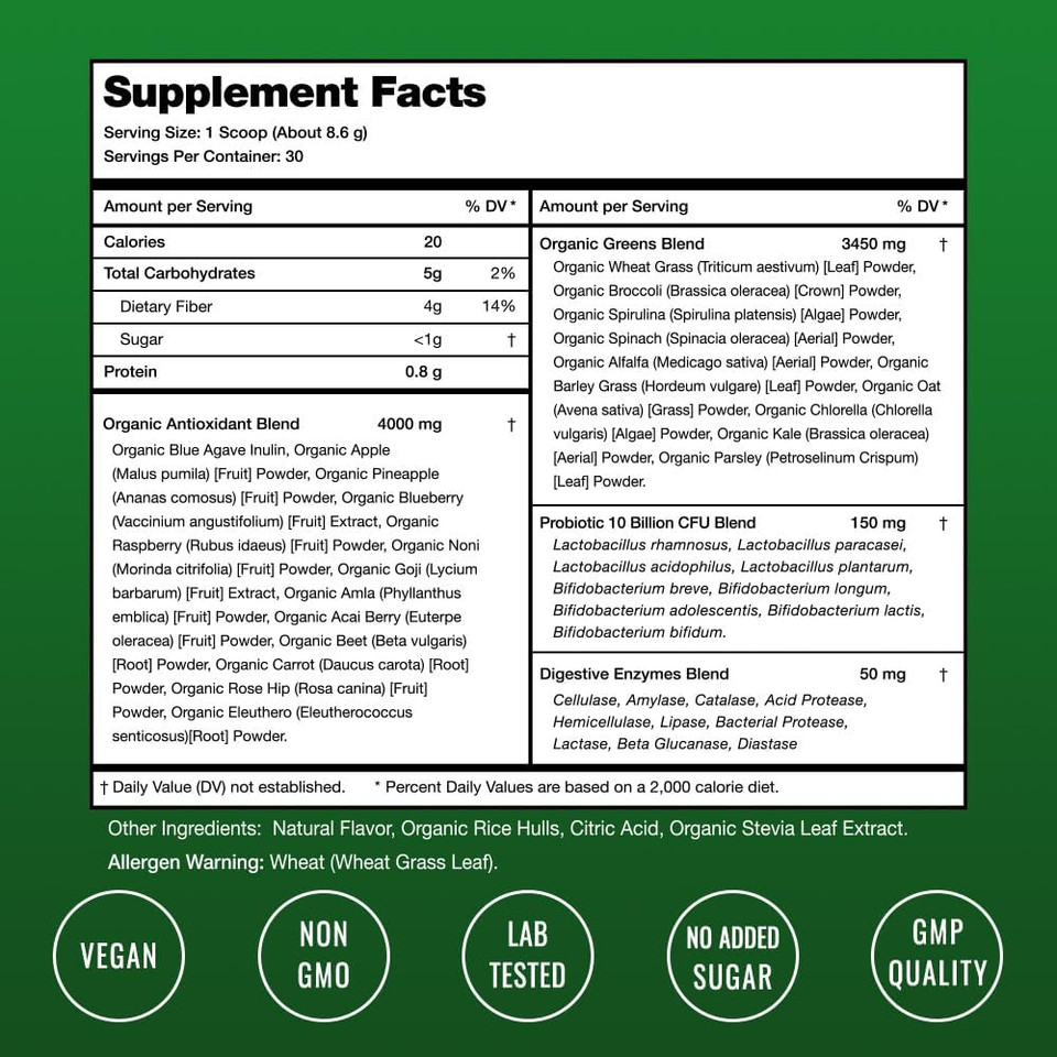 Nutrachamps Super Greens Powder Premium Superfood | 20+ Organic Green Veggie Whole Foods | Alfalfa, Spirulina, Chlorella & More | Antioxidant, Digestive Enzyme & Probiotic Blends | Watermelon