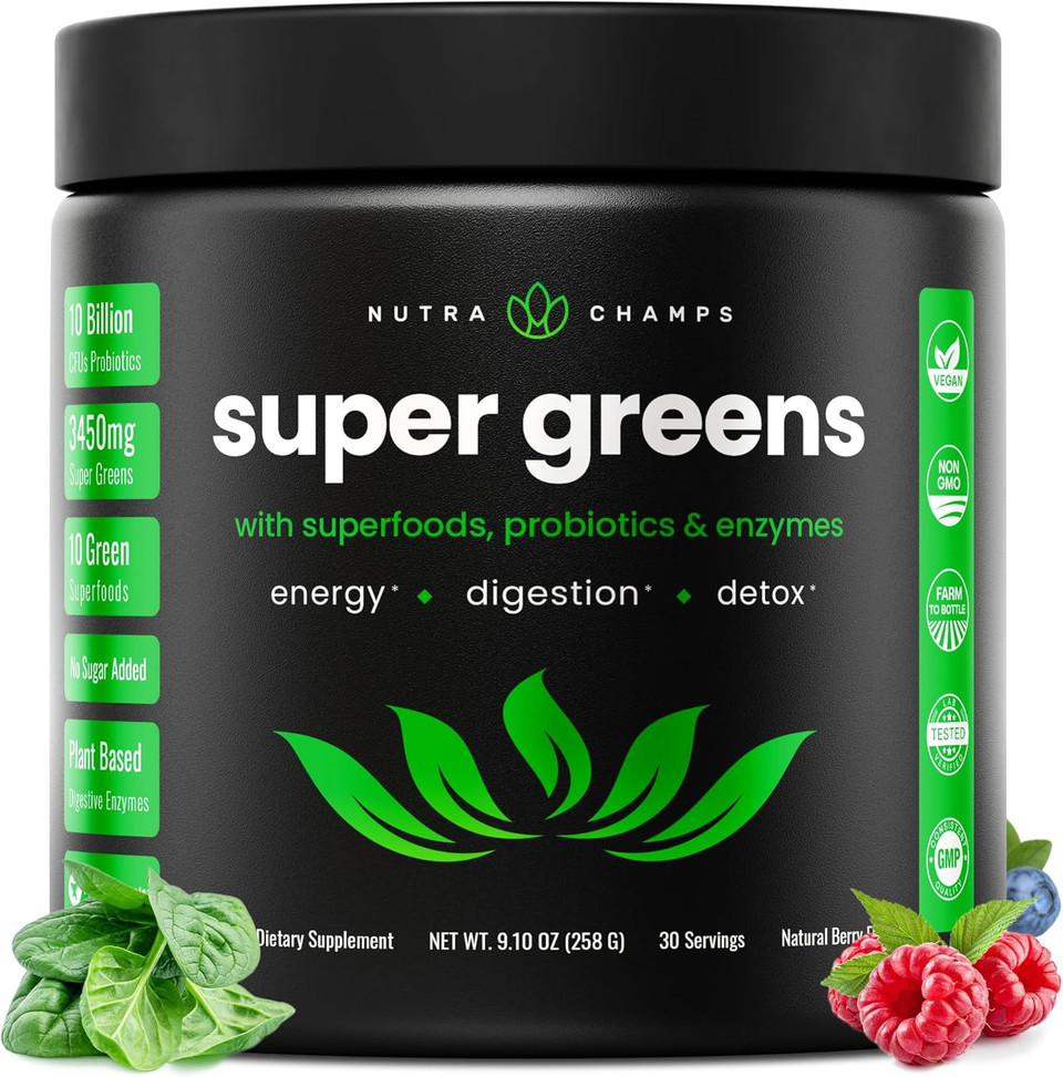 Nutrachamps Super Greens Powder Premium Superfood | 20+ Organic Green Veggie Whole Foods | Wheat Grass, Spirulina, Chlorella | Antioxidant, Digestive Enzyme & Probiotic Blends (9.0 Oz, Berry)