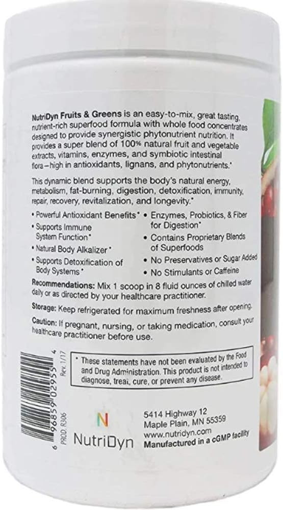 Nutridyn Fruits & Greens Berry Flavor *Certified Organic* W/ Acai, Gogi, Mangosteen, Noni & Pomegranate Super Fruits 304.8 Grams (Berry)
