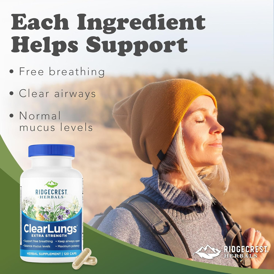 Ridgecrest Herbals Clearlungs Extra Strength, Natural Lung, Nasal Health Formula, Bronchial, Respiratory, Sinus, Mucus Support (120 Caps, 60 Serv)