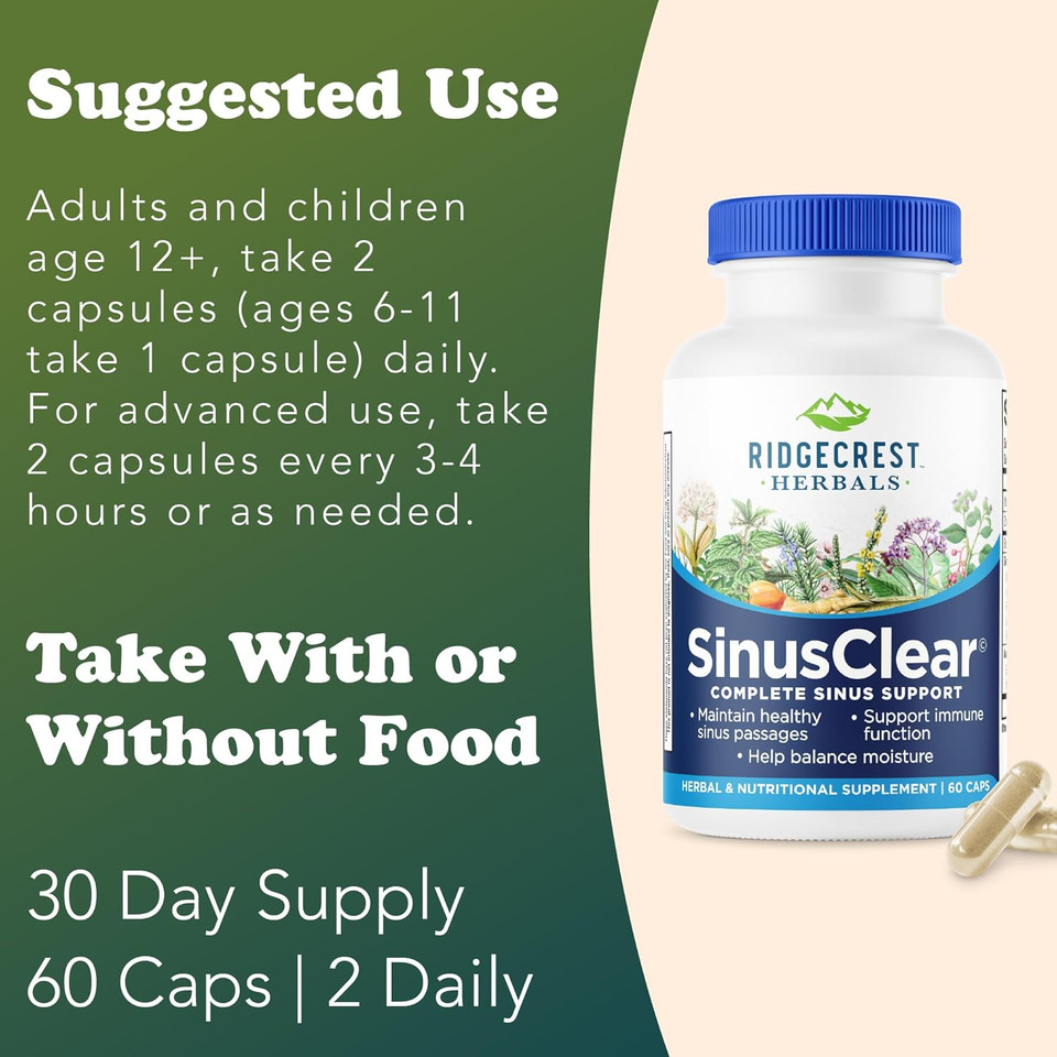 Ridgecrest Herbals Sinusclear, Complete Formula For Sinus And Nasal Health With Mullein Leaf, Bromelain, Vitamin C, And Zinc, For Healthy Mucus, Immune & Respiratory Support, (60 Veg Caps, 30 Serv)