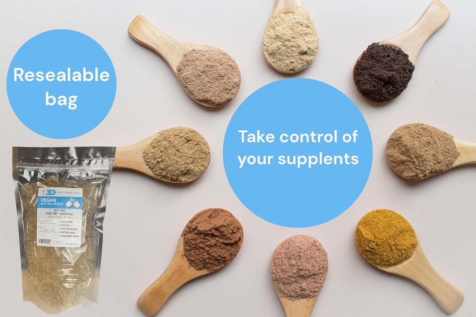 T.E. Neesby Vegan Empty Pill Capsules-Size 00 Pull Apart Caps - 600 Count - Clear Caps - Diy Capsule Filling