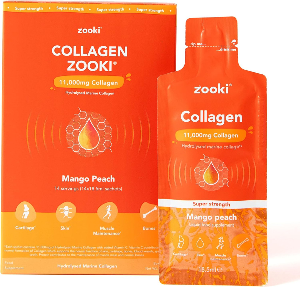 Zooki Super Strength Marine Collagen Liquid Sachets 11,000Mg  Great Taste, Sugar Free  Highest Strength Marine Collagen Supplements For Women & Men  Skin, Joints & Hair (Mango Peach, 14 Servings)