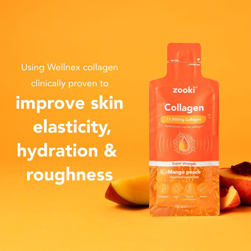 Zooki Super Strength Marine Collagen Liquid Sachets 11,000Mg  Great Taste, Sugar Free  Highest Strength Marine Collagen Supplements For Women & Men  Skin, Joints & Hair (Mango Peach, 14 Servings)