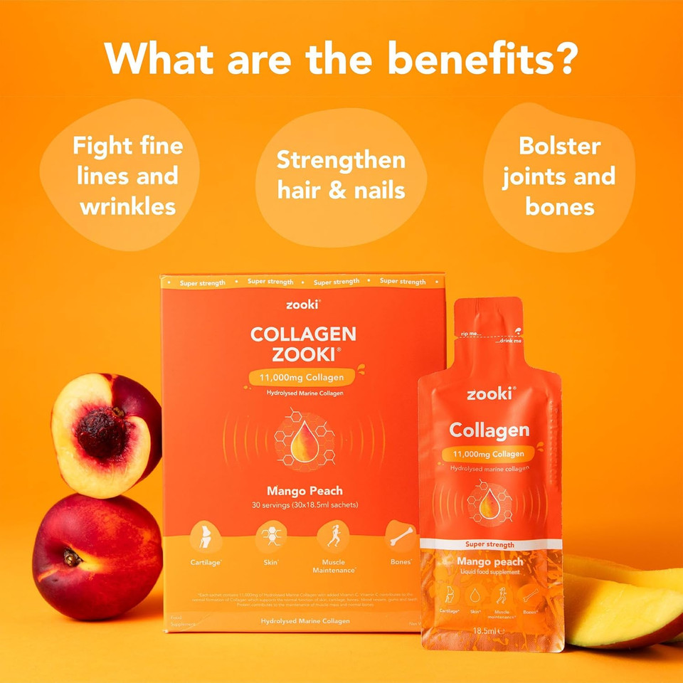Zooki Super Strength Marine Collagen Liquid Sachets 11,000Mg  Great Taste, Sugar Free  Highest Strength Marine Collagen Supplements For Women & Men  Skin, Joints & Hair (Mango Peach, 14 Servings)