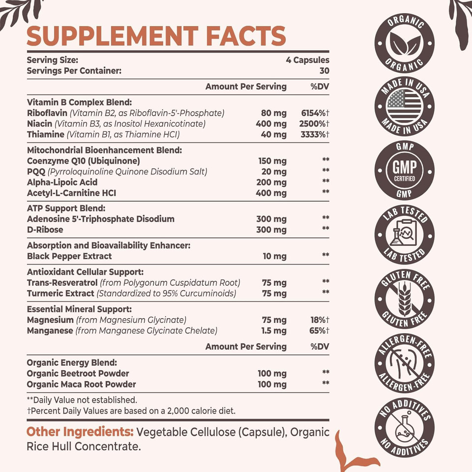 2326 Mg Mitochondrial Supplements With Atp, Vitamins, Coq10 & Pqq, More Effective Than Creatine Hmb & Nitric Oxide, Energy, Endurance, Strength, Recovery & Muscle, Organic, 120 Capsules