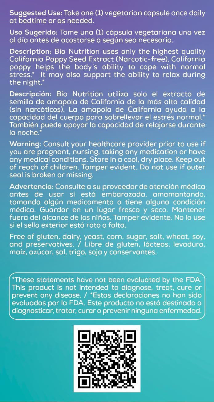 Bio Nutrition California Poppy Herbal Supplement 60 Vegetarian Capsules | Natural Relaxation & Stress Relief | Supports Calm Sleep & Mood