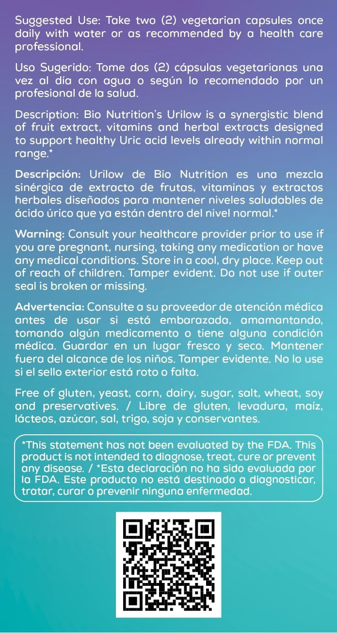 Bio Nutrition Urilow 60 Vegetarian Capsules | Natural Support For Urinary Health | Promotes A Healthy Uric Acid Balance