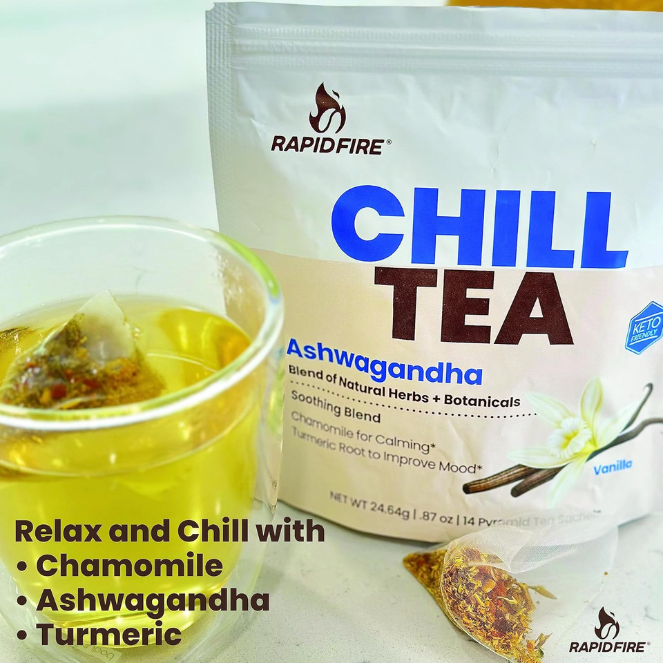 Chill Tea, Soothing Blend, Promotes Relaxation, With Ashwagandha, Chamomile, Turmeric, Stress Relief Tea, Caffeine Free, 14 Tea Bags, 14 Servings