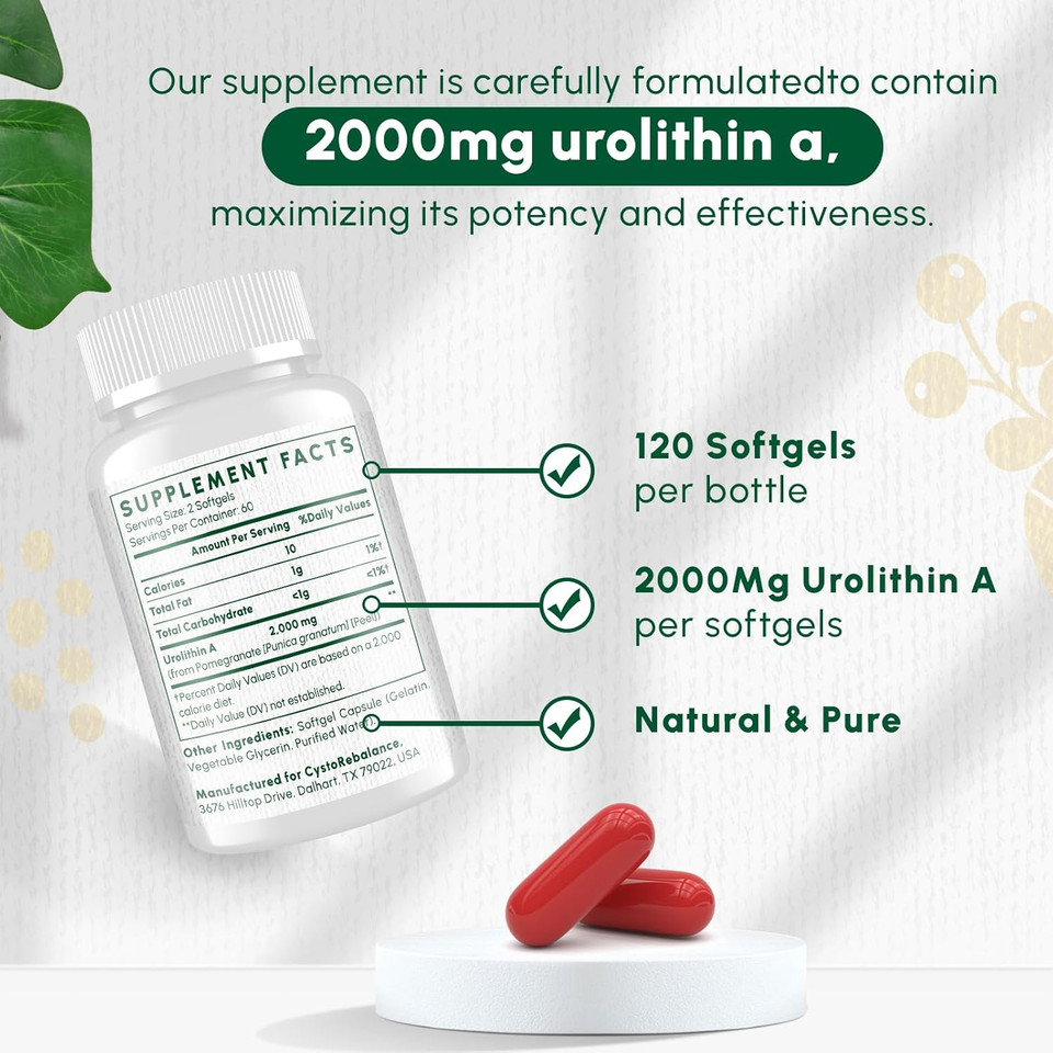 Urolithin A Supplement 2000Mg - For Healthy Aging, Antioxidants And Mitochondrial Support - High Purity & Potency - 120 Softgels - 2 Month Supply
