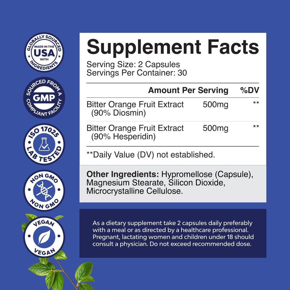 Diosmin Hesperidin 1000Mg Complex For Circulation - Hesperidin & Diosmin Complex 1000Mg From Bitter Orange For Vein Support - Iso 17025 Lab Tested - Vegan Non-Gmo & Gluten Free (2 Month Supply)