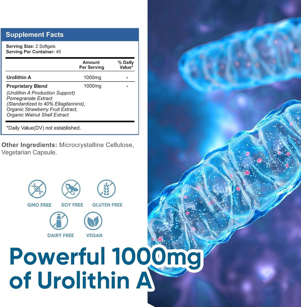 1000 Mg Urolithin A Supplement, 90 Softgels Powerful Antioxidants For Healthy Aging And Mitochondrial Support, Cell Repair