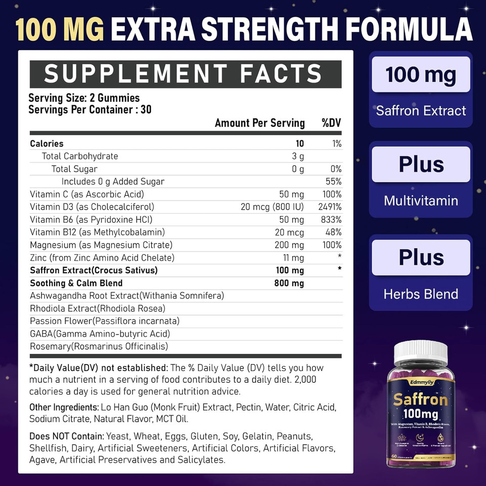 Saffron Supplements Gummies For Adult - Organic Saffron Extract 100Mg With Magnesium, Ashwagandha, Rhodiola Rosea, Rosemary And Vitamins - Support Positive Mood & Focus - Sugar Free & Vegan