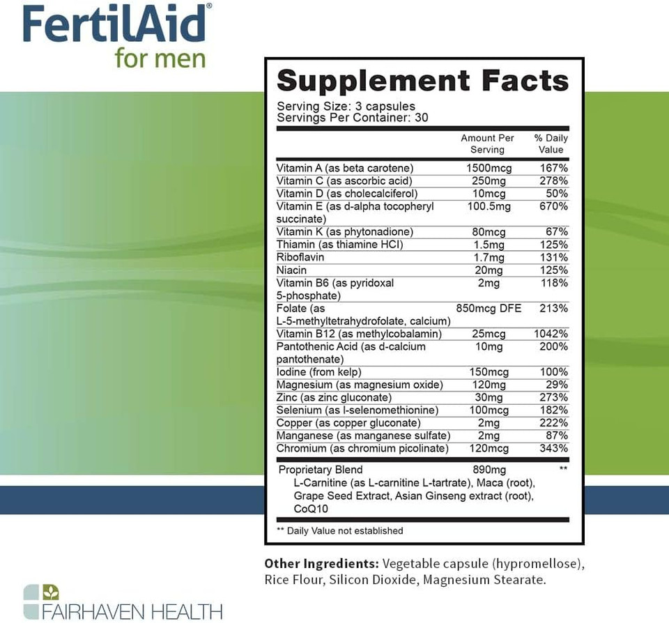 Fairhaven Health Fertilaid For Men Fertility Supplements For Men Two Month Supply | Count, Motility Support Pre-Conception For Him | Male Fertility Support Includes L-Carnitine, Zinc | 2 Bottles