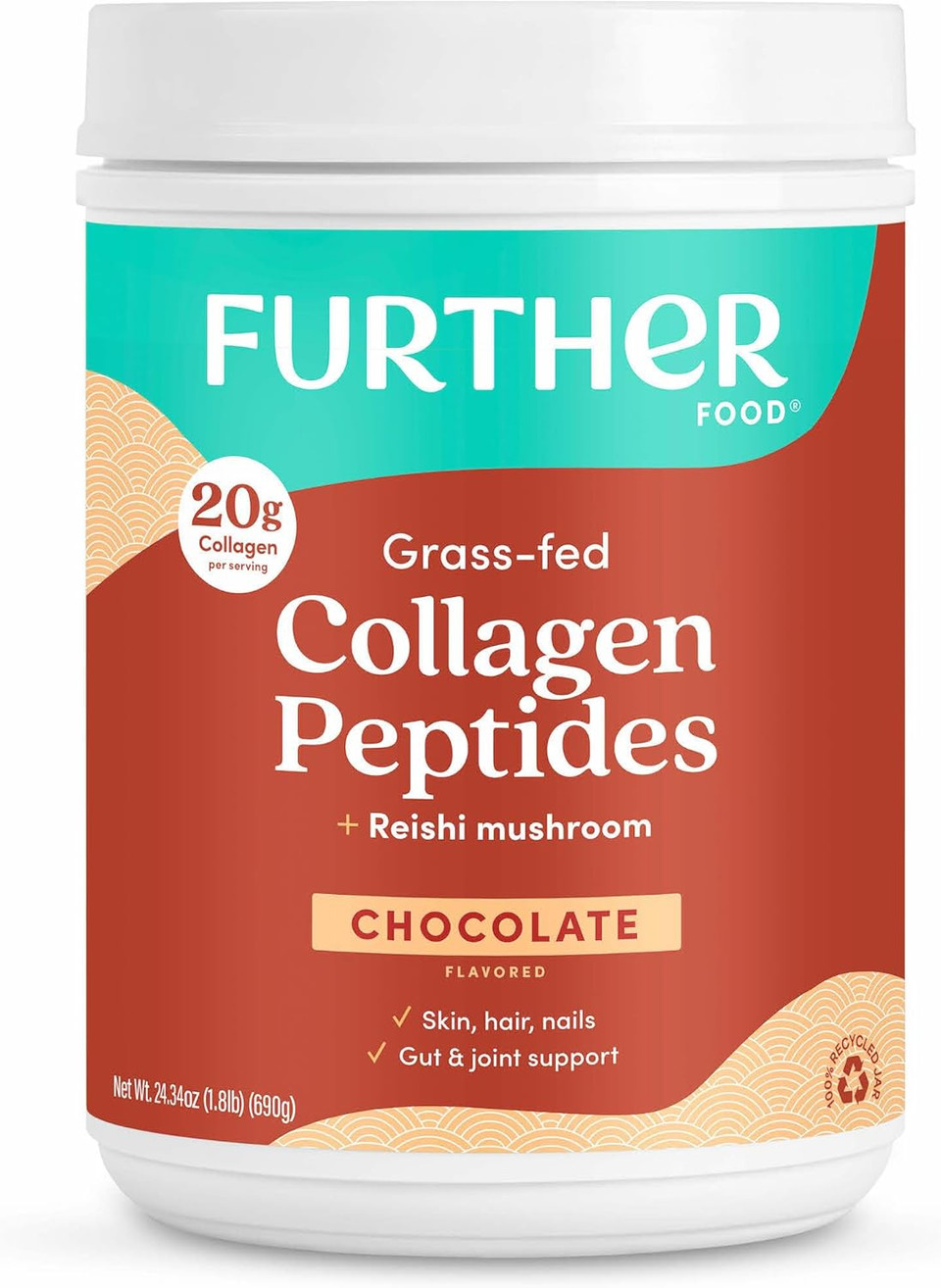Further Food Chocolate Collagen Peptides Powder, Grass-Fed Pasture-Raised Hydrolyzed Type 1 & 3 Protein, Gut Health + Joint, Hair, Skin, Nails, Paleo Keto Sugar-Free 24.34 Oz