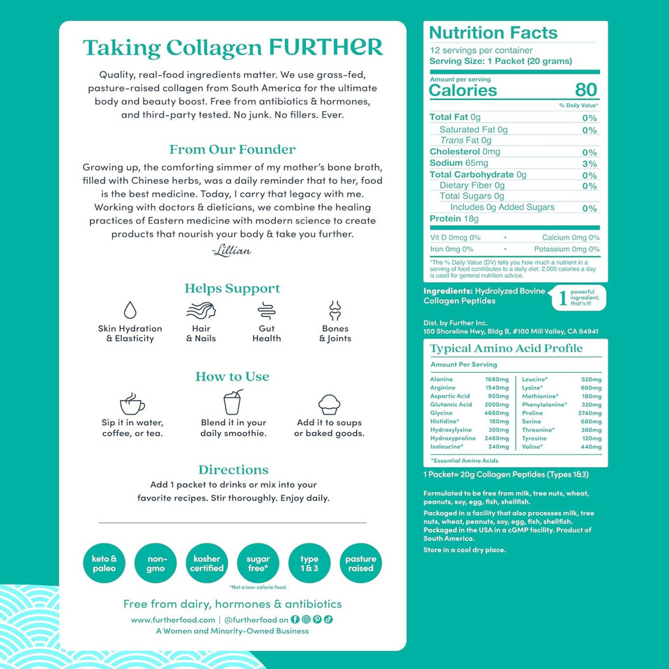 Further Food Unflavored Collagen Peptides Powder, Grass-Fed Pasture-Raised Hydrolyzed Type 1 & 3 Protein Gut Health