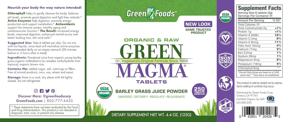 Green Foods Original Green Magma Barley Grass Nutritional Supplement, 250 Tablets (500Mg Ea) Certified Organic