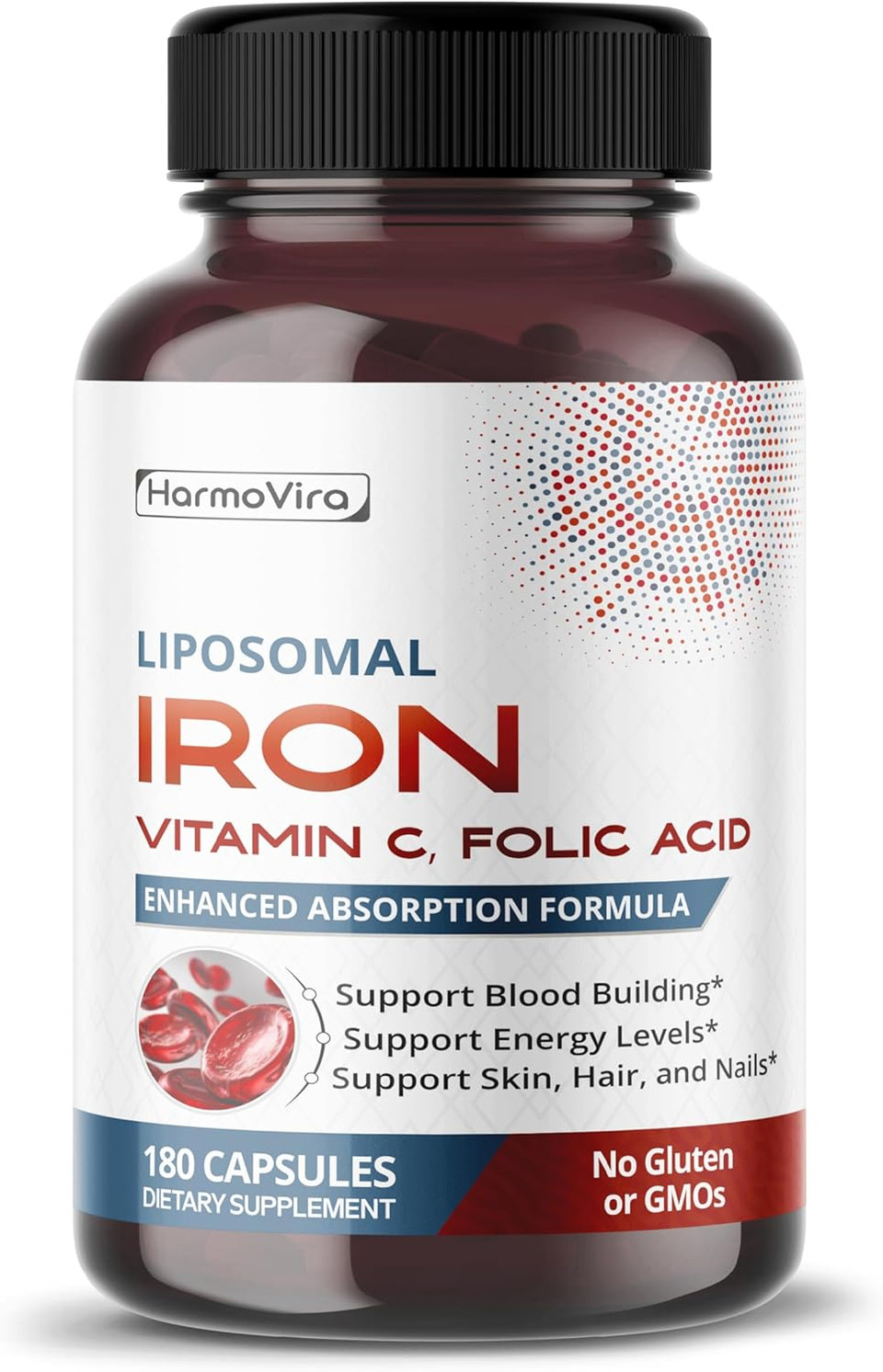 Liposomal Iron With Vitamin C, Folic Acid, B12, B6, B1  Support Energy & Red Blood Cell Formation  Gentle Formula  180 Capsules  Non-Gmo, Gluten-Free  Made In Usa