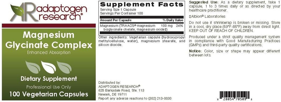 Magnesium Glycinate Complex | 100 Mg Magnesium Bisglycinate Chelate, Magnesium Oxide | Enhanced Absorption |100 Vegetarian Caps | By Adaptogen Research Pharmaceutical Grade Supplements