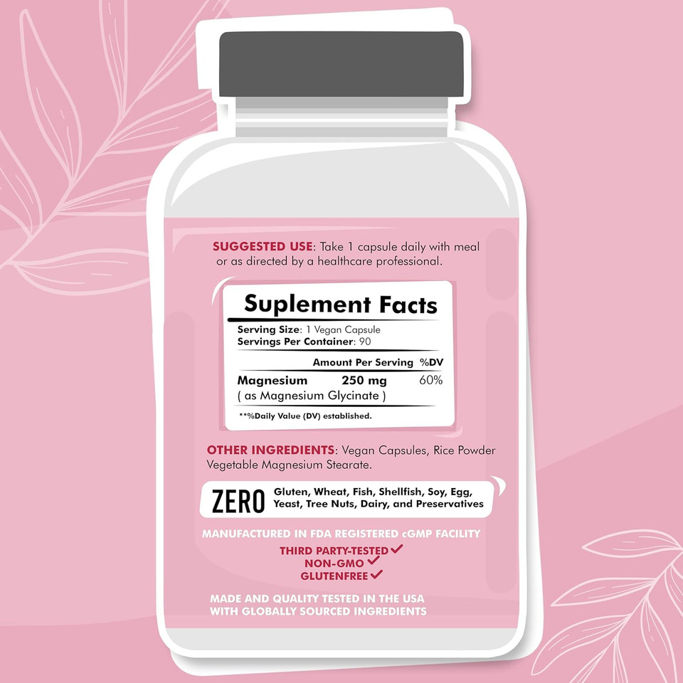 Magnesium Glycinate For Women, Elemental 250Mg Per One Capsule, 90 Day Supply, Chelate, Supplement, Chelated Max Absorption