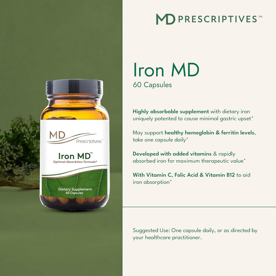 Iron Md Capsules - Daily Iron Supplement For Women & Men With Vitamin C, Vitamin B12 & Folic Acid - Optimal Absorption Formula - 60 Veg Capsules