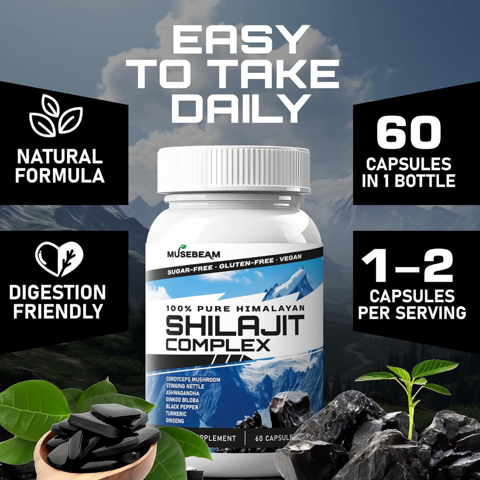 Himalayan Shilajit Capsules Men Women - Pure Himalayan Fulvic Acid Supplement Pills - Ashwagandha Turmeric Ginkgo Biloba Ginseng Cordyceps Mushroom Stinging Nettle Black Pepper