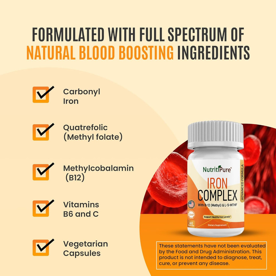 Iron Complex, Complete Blood Building Iron Vegetarian Capsules With Non-Constipating Carbonyl Iron, Quatrefolic, B12, B6 & Vitamin C, For Women & Men (60 Caps)
