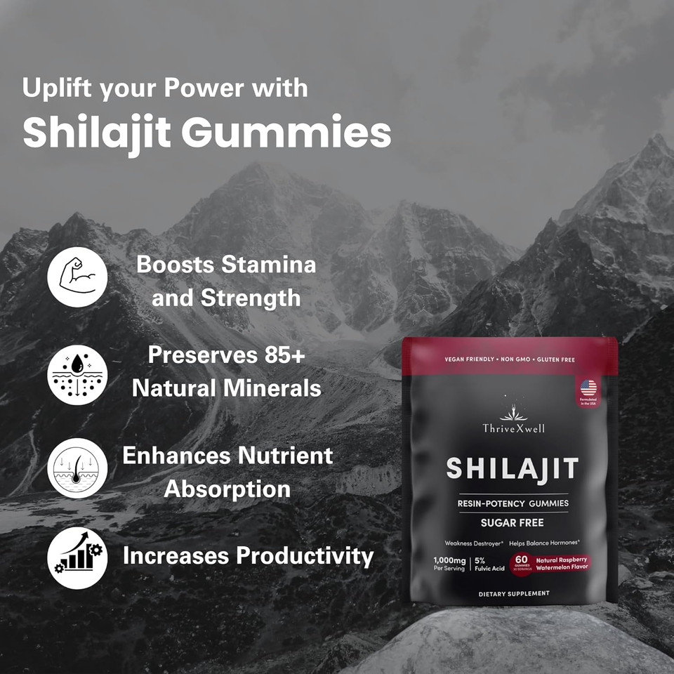 Pure Himalayan Shilajit Resin Potency Gummies Supplement For Men & Women | 1000Mg Sugar Free 85+ Trace Minerals | Immumity, Energy, Vitality & Brain | Natural Raspberry Flavor (60 Count)
