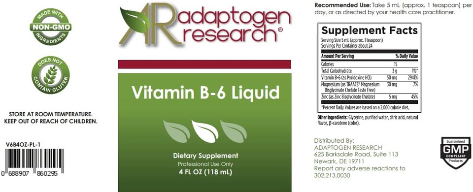Vitamin B6 Liquid 50Mg With Magnesium + Zinc | Adaptogen Research | 24 Servings / 4 Fluidoz