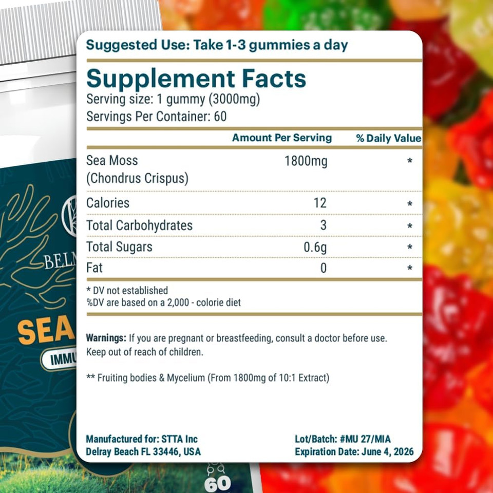 Sea Moss Gummies  Immune Strength & Skin Health, Organic Irish Moss Gummy Bears, 60 Count, Vegan, Superfood Chewable Supplement For Endurance & Health