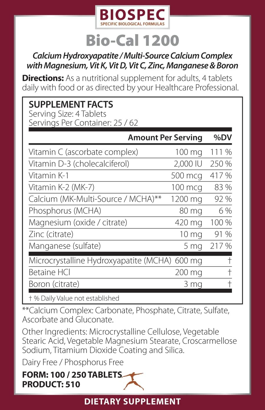 Bio-Cal 1200  Superior Bone Support Complex W/ Mcha, Vitamin D3, Vitamin K2 (Mk-7), Magnesium, Zinc, And Other Nutrients
