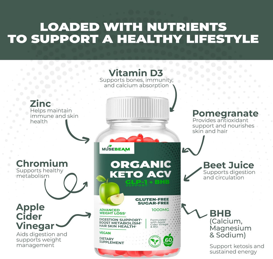 Organic Keto Acv Gummies Advanced Weight Loss - Gluten & Sugar Free Belly Fat Burner Apple Cider Vinegar Diet Supplement For Women Men (1000Mg)